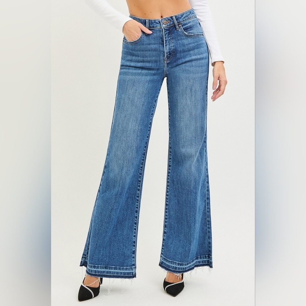 RISEN HR Tummy Control Medium Wash Wide Leg Jeans Released Hem Various NEW - Picture 6 of 12